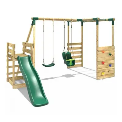 (Monkey Bars plus Deck & 6ft Slide - Luna, Green) Rebo Wooden Children's Swing Set with Monkey B