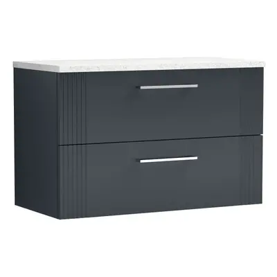 Retro Drawer Wall Hung Vanity Unit with Sparkling White Laminate Worktop - 800mm - Satin Soft Bl