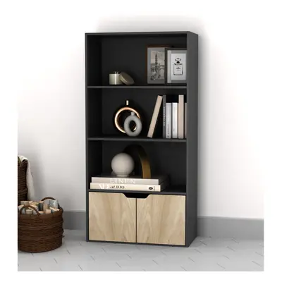 (Black, Oak) Tier Wooden Bookcase with Doors Shelving Cabinet