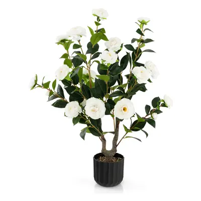 White Artificial Camellia Tree in Cement Pot Free Maintenance