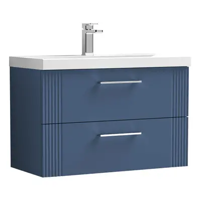 Retro Drawer Wall Hung Vanity Unit with Thin-Edge Tap Hole Ceramic Basin - 800mm - Satin Blue - 