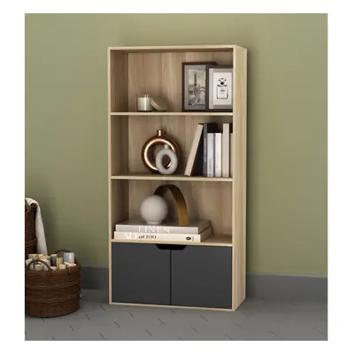 (Oak, Black) Tier Wooden Bookcase with Doors Shelving Cabinet