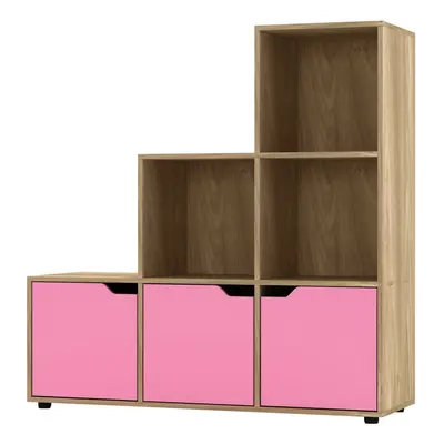 (Oak, Pink) Cube Step Storage Bookcase Shelf Unit Doors Wood