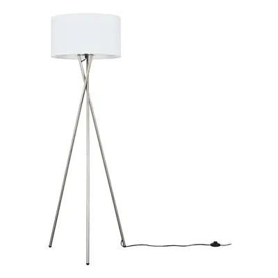 Modern Brushed Chrome Metal Tripod Floor Lamp with a White Cylinder Shade - Complete with a 6w L