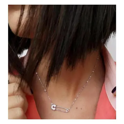 100% Sterling Silver Safety Pin Charm Necklace for Women Micro Pave Clear CZ Pin Shaped Charms J