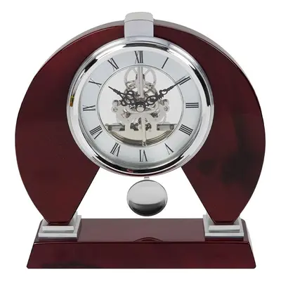 Modern Skeleton Mantel Clock with Pendulum. Red Wood Piano Finish