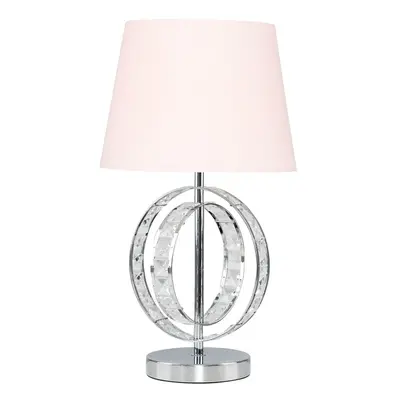 Chrome Acrylic Jewel Intertwined Double Hoop Design Table Lamp with a Pink Polycotton Tapered Li