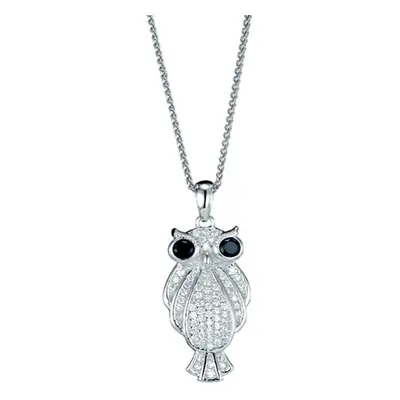 Jewelco London Rhodium Plated Sterling Silver Black & White Cubic Zirconia Big Eyed Wise Owl Cha