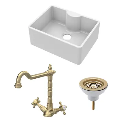 Fireclay Kitchen Bundle - Single Bowl Butler Sink with Tap Ledge, Waste & Classic Tap, 595mm - B