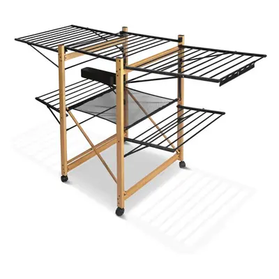 VOUNOT Large Clothes Airer Foldable 2-Level with Wings & Casters Black&Wood Look