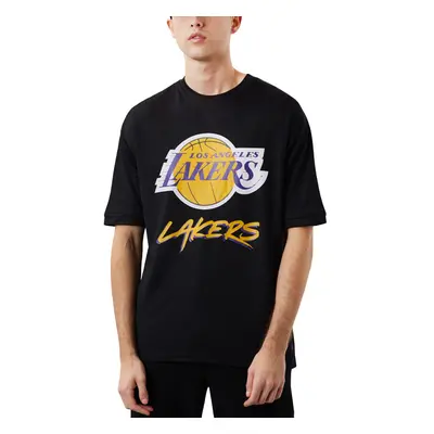 (L, Black) New Era Mens LA Lakers NBA Script Short Sleeve T-Shirt Tee Top - Black