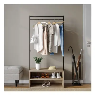 (Oak) Wooden Shoe Rack Shelf Storage & Metal Clothes Coat Garment Hanging Display Rail