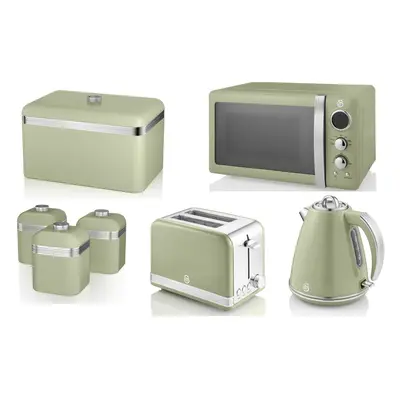 SWAN Retro Green Jug Kettle Toaster Microwave Breadbin Canisters Set