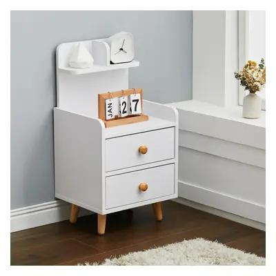 Wooden 2-Drawer Bedside Table Nightstand with a Shelf and Wooden Legs