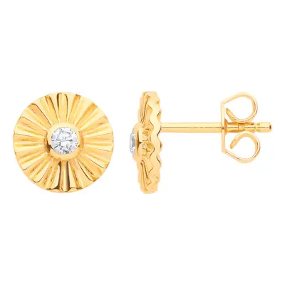 Jewelco London Ladies Gold-Plated Sterling Silver CZ Round Sun Sunburst Solitaire Stud Earrings 