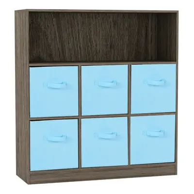 (Anthracite Oak, Sky Blue) Wooden Cubed Bookcase Units Shelves Drawers