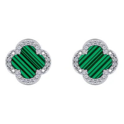 Jewelco London Rhodium Silver Green Clover Malachite & CZ Halo Lucky Charm Earrings 11mm - AES26