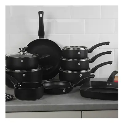 (Matt Black) Pcs Blaumann Cookware Pots Grill Pans Set With Soft Touch Handles Glass Lids