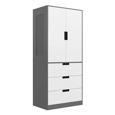 HOMCOM Door Wardrobe Grey Wardrobe with Drawer and Hanging Rod for Bedroom