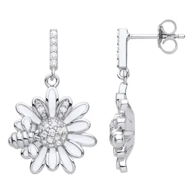 Jewelco London Ladies Rhodium Plated Sterling Silver CZ Honey Bee Daisy Sunflower Drop Earrings 