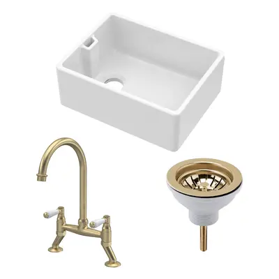 Fireclay Kitchen Bundle - Single Bowl Belfast Sink, Strainer Waste & Bridge Lever Tap, 595mm - B