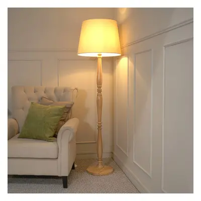 ValueLights Victoria Beige Tapered Shade Light Wood Floor Lamp & Bulb