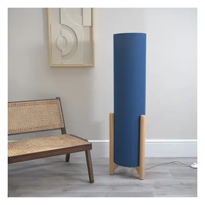 ValueLights Henry Wood Base Midi Floor Lamp with Navy Shade & LED Bulb