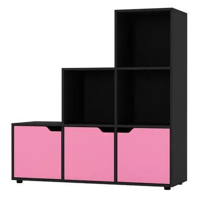 (Black, Pink) Cube Step Storage Bookcase Shelf Unit Doors Wood