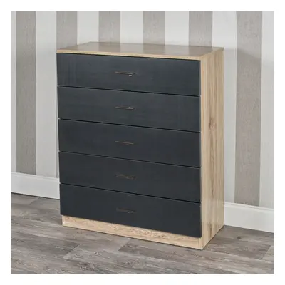 (Oak Carcass with Black Drawers, 5) URBNLIVING Drawer Wooden Bedroom Chest Cabinet