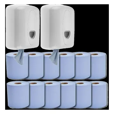 2 Blue Centerfeed Dispensers with Rolls of 50M Center Feed