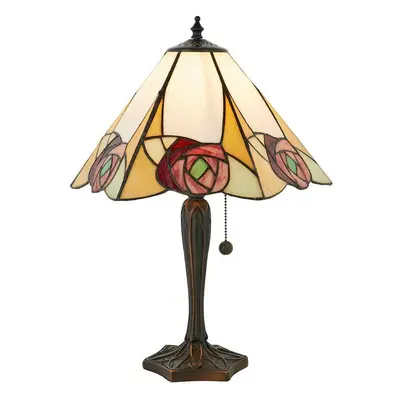 Tiffany Glass Table Lamp Light Dark Bronze & Art Deco Red Rose Shade i00206