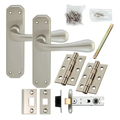 Door Handle & Latch Pack Satin Chrome Heavy Duty Prism on Rounded Backplate