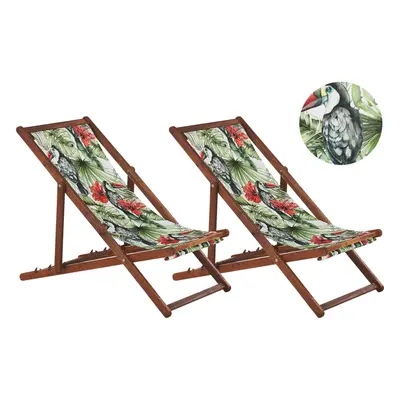 Set of Acacia Folding Deck Chairs and Replacement Fabrics Dark Wood with Off-White / Toucan Patt