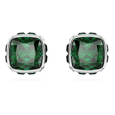 Birthstone Rhodium Plated Green Square Cut May Stud Earrings