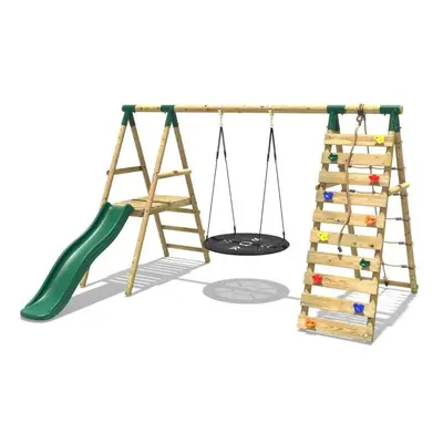 (Pyrite, Green) Rebo Wooden Swing Set with Deck and Slide plus Up and Over Climbing Wall