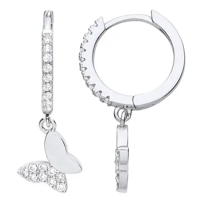 Jewelco London Ladies Rhodium Plated Sterling Silver CZ Semi Set Butterfly Charm Huggie Hoop Dro