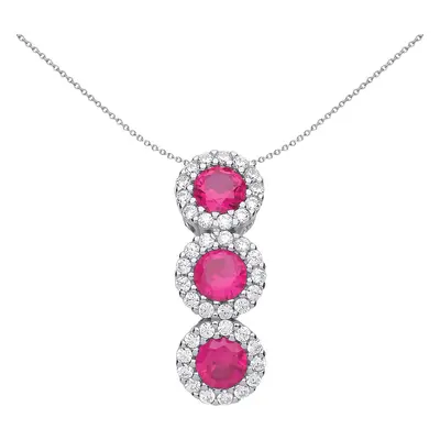 Jewelco London Ladies Sterling Silver Ruby-Red Cubic Zirconia Trilogy Halo Cluster Pendant Neckl