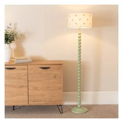 ValueLights Bobbins Sage Green Floor Lamp with Lemon Embroidered Shade