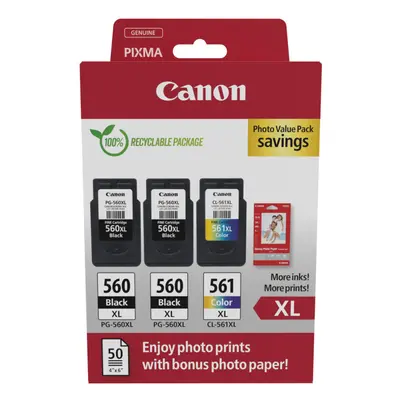 Canon PG-560XL Black Twin & CL-561XL Colour Ink Cartridge Photo Paper Value Combo Pack - 3712C01