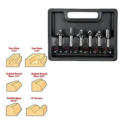 6 Piece Router Bit Starter Set, 1/4 Inch Shank, Tungsten Carbide Tipped, Storage Case Included, 