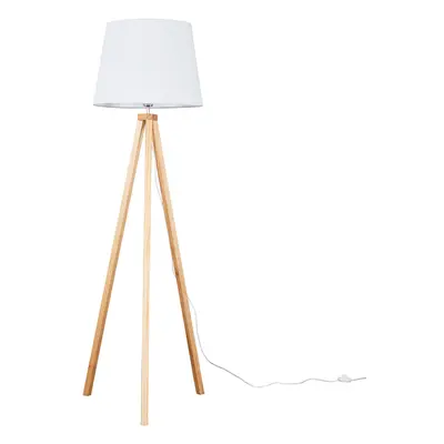 Modern Light Wood Tripod Design Floor Lamp with a White Tapered Shade - Complete with a 6w LED G