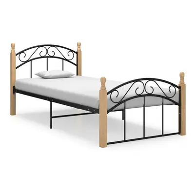 vidaXL Bed Frame Black Metal and Solid Oak Wood 90x200 cm Bedroom Furniture