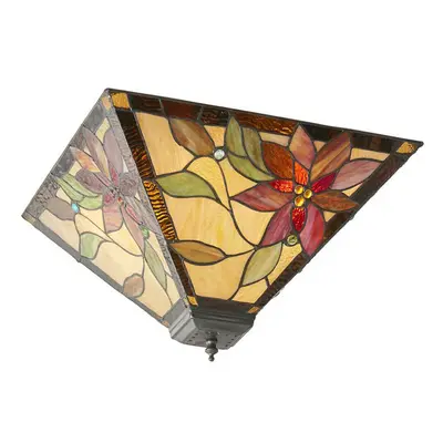 Tiffany Glass Semi Flush Ceiling Light Red Flower Inverted Square Shade i00053