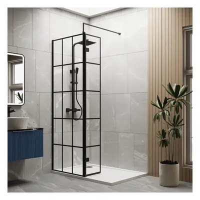 8mm Glass Walk In Wetroom Screen and Hinged Return Screen with Black Framed Design and Shower Tr