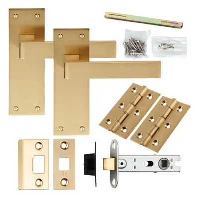 Door Handle & Latch Pack Satin Brass Straight Square Lever Slim Backplate