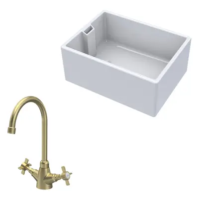 Fireclay Kitchen Bundle - Single Bowl Belfast Sink & Mono Crosshead Handle Tap, 615mm - Brushed 