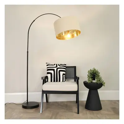 ValueLights Louis Beige & Gold Inner Shade Black Arched Floor Lamp