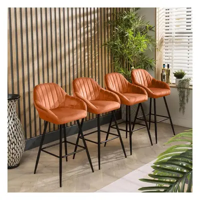 4 Harper Velvet Bar Stools Orange