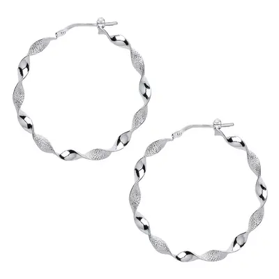 Jewelco London Ladies Sterling Silver Frosted Candy Twist Hoop Earrings 40mm 4mm - ER62