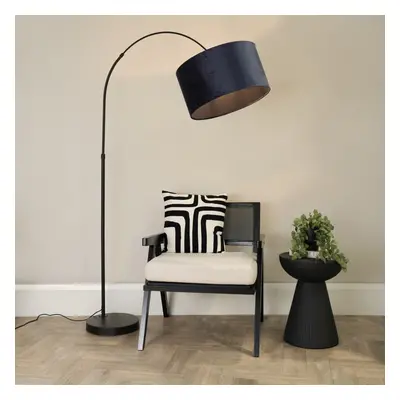 ValueLights Louis Black Arched Floor Lamp with Navy Blue Velvet Shade